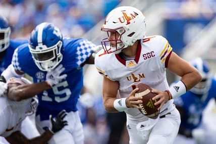 Sep 4, 2021; Lexington, Kentucky, USA; Louisiana Monroe Warhawks quarterback Rhett Rodriguez (4) carries the ball during the second quarter against the Kentucky Wildcats at Kroger Field. Mandatory Credit: Jordan Prather-USA TODAY Sports