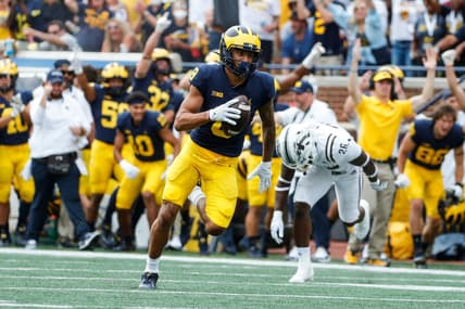 Michigan wide receiver Ronnie Bell runs after making a catch against Western Michigan during the first half in Ann Arbor on Saturday, Sept. 4, 2021.