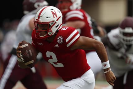 Sep 4, 2021; Lincoln, Nebraska, USA; Nebraska Cornhuskers quarterback Adrian Martinez (2) runs against the Fordham Rams in the first half at Memorial Stadium. Mandatory Credit: Bruce Thorson-USA TODAY Sports