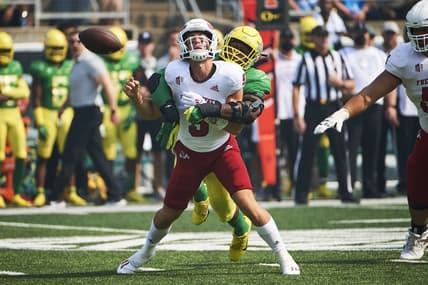 Sep 4, 2021; Eugene, Oregon, USA;  Oregon Ducks defensive end Kayvon Thibodeaux (5) sacks Fresno State Bulldogs quarterback Jake Haener (9) forcing a turnover during the first half at Autzen Stadium. Mandatory Credit: Troy Wayrynen-USA TODAY Sports