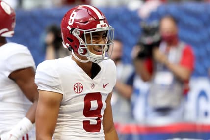 Sep 4, 2021; Atlanta, Georgia, USA; Alabama Crimson Tide quarterback Bryce Young (9) reacts after running back Trey Sanders (not pictured) scored a touchdown during the third quarter of their game against the Miami Hurricanes at Mercedes-Benz Stadium. Mandatory Credit: Jason Getz-USA TODAY Sports