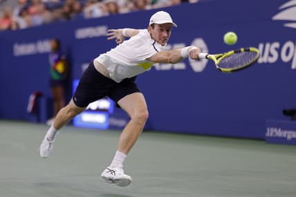 Sep 5, 2021; Flushing, NY, USA; Botic Van De Zandschulp of the Netherlands reaches for a backhand against Diego Schwartzman of Argentina (not pictured) on day seven of the 2021 U.S. Open tennis tournament at USTA Billie King National Tennis Center. Mandatory Credit: Geoff Burke-USA TODAY Sports