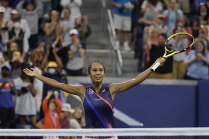 Sep 5, 2021; Flushing, NY, USA; Leylah Fernandez of Canada celebrates after her match against Angelique Kerber of Germany (not pictured) on day seven of the 2021 U.S. Open tennis tournament at USTA Billie King National Tennis Center. Mandatory Credit: Geoff Burke-USA TODAY Sports