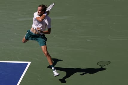 Sep 7, 2021; Flushing, NY, USA; Daniil Medvedev of Russia hits a forehand against Botic van de Zandschulp of the Netherlands (not pictured) on day nine of the 2021 U.S. Open tennis tournament at USTA Billie Jean King National Tennis Center. Mandatory Credit: Geoff Burke-USA TODAY Sports