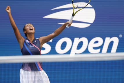 Sep 7, 2021; Flushing, NY, USA; Leylah Fernandez of Canada reacts after winning a point against Elina Svitolina of Ukraine (not pictured) on day nine of the 2021 U.S. Open tennis tournament at USTA Billie Jean King National Tennis Center. Mandatory Credit: Geoff Burke-USA TODAY Sports