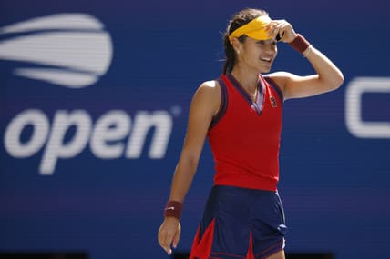Sep 8, 2021; Flushing, NY, USA; Emma Raducanu of Great Britain celebrates after match point against Belinda Bencic of Switzerland (not pictured) on day ten of the 2021 U.S. Open tennis tournament at USTA Billie Jean King National Tennis Center. Mandatory Credit: Geoff Burke-USA TODAY Sports