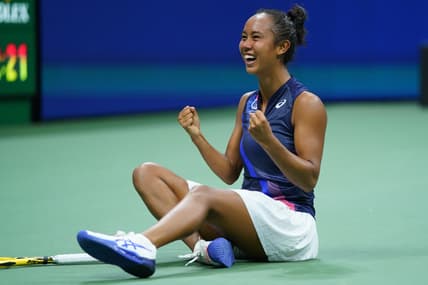 Sep 9, 2021; Flushing, NY, USA; Leylah Fernandez of Canada celebrates after match point against Aryna Sabalenka of Belarus (not pictured) on day eleven of the 2021 U.S. Open tennis tournament at USTA Billie Jean King National Tennis Center. Mandatory Credit: Danielle Parhizkaran-USA TODAY Sports