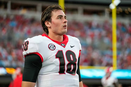 Sep 4, 2021; Charlotte, North Carolina, USA; Georgia Bulldogs quarterback JT Daniels (18) during the first quarter against the Clemson Tigers at Bank of America Stadium. Mandatory Credit: Jim Dedmon-USA TODAY Sports