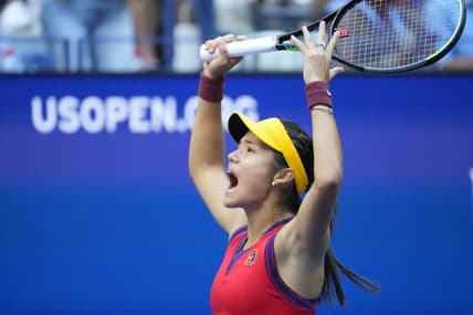 Sep 11, 2021; Flushing, NY, USA; Emma Raducanu of Great Britain reacts after winning the first set against Leylah Fernandez of Canada (not pictured) in the women's singles final on day thirteen of the 2021 U.S. Open tennis tournament at USTA Billie Jean King National Tennis Center. Mandatory Credit: Robert Deutsch-USA TODAY Sports