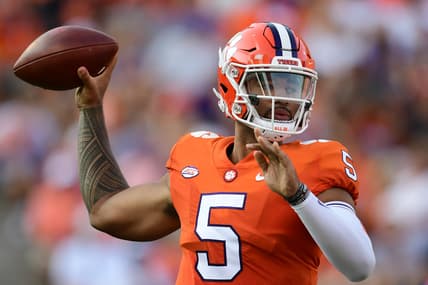 Sep 11, 2021; Clemson, South Carolina, USA; Clemson Tigers quarterback D.J. Uiagalelei (5) looks to throw against the South Carolina State Bulldogs during the second quarter at Memorial Stadium. Mandatory Credit: Adam Hagy-USA TODAY Sports