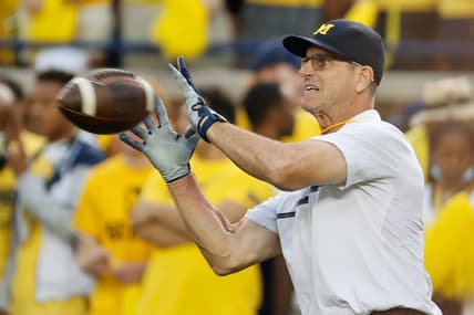 Sep 11, 2021; Ann Arbor, Michigan, USA; Michigan Wolverines head coach Jim Harbaugh during warm ups against the Washington Huskies at Michigan Stadium. Mandatory Credit: Rick Osentoski-USA TODAY Sports