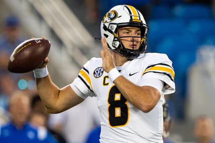 Sep 11, 2021; Lexington, Kentucky, USA; Missouri Tigers quarterback Connor Bazelak (8) lines up a pass during the first quarter against the Kentucky Wildcats at Kroger Field. Mandatory Credit: Jordan Prather-USA TODAY Sports