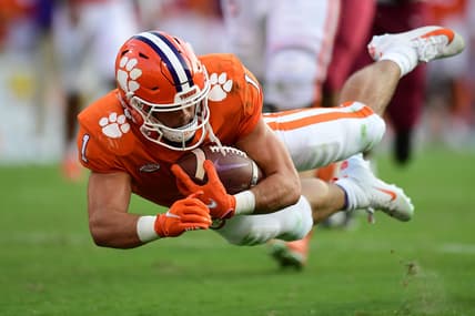 Sep 11, 2021; Clemson, South Carolina, USA; Clemson Tigers running back Will Shipley (1) dives for a touchdown against the South Carolina State Bulldogs during the third quarter at Memorial Stadium. Mandatory Credit: Adam Hagy-USA TODAY Sports