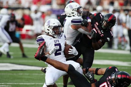 Sep 11, 2021; Lubbock, Texas, USA;  Stephen F. Austin Lumberjacks wide receiver Xavier Gipson (2) rushes against the Texas Tech Red Raiders in the first half at Jones AT&T Stadium. Mandatory Credit: Michael C. Johnson-USA TODAY Sports