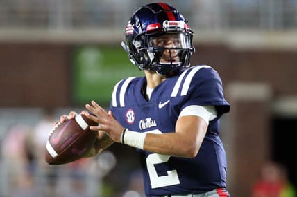 Sep 11, 2021; Oxford, Mississippi, USA; quarterback Matt Corral (2) throws a pass  against the Austin Peay Governors during the second quarter at Vaught-Hemingway Stadium. Mandatory Credit: Petre Thomas-USA TODAY Sports