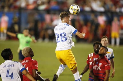 Sep 11, 2021; Frisco, Texas, USA; San Jose Earthquakes forward Benji Kikanovic (28) heads the ball in the second half against FC Dallas at Toyota Stadium. Mandatory Credit: Tim Heitman-USA TODAY Sports