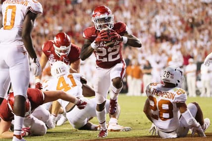Sep 11, 2021; Fayetteville, Arkansas, USA; Arkansas Razorbacks running back Trelon Smith (22) celebrates after scoring a touchdown against the Texas Longhorns in the second half at Donald W. Reynolds Razorback Stadium. Arkansas won 40-21. Mandatory Credit: Nelson Chenault-USA TODAY Sports