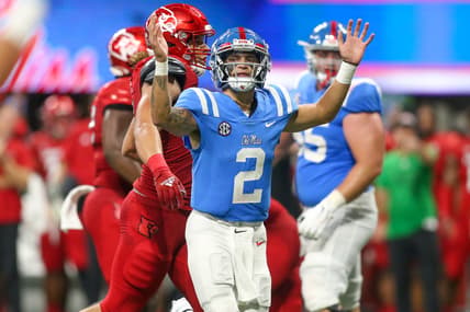 Sep 6, 2021; Atlanta, Georgia, USA; Mississippi Rebels quarterback Matt Corral (2) shows emotion against the Louisville Cardinals in the second half at Mercedes-Benz Stadium. Mandatory Credit: Brett Davis-USA TODAY Sports