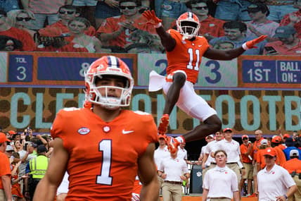 Clemson wide receiver Ajou Ajou (11) leaps into the air before their game against Georgia Tech at Memorial Stadium Saturday, Sept. 18, 2021.

Jm Clemson 091821 009