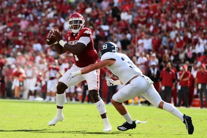 Sep 18, 2021; Fayetteville, Arkansas, USA; Arkansas Razorbacks quarterback KJ Jefferson (1) passes in the second quarter as Georgia Southern Eagles linebacker Reid Dedman (39) defends at Donald W. Reynolds Razorback Stadium. Mandatory Credit: Nelson Chenault-USA TODAY Sports