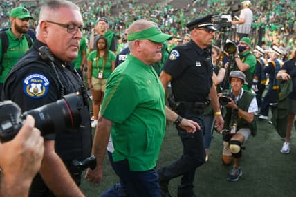 Sep 18, 2021; South Bend, Indiana, USA; Notre Dame Fighting Irish head coach Brian Kelly leaves the field after defeating the Purdue Boilermakers at Notre Dame Stadium. The win was his 105th as Notre Dame coach and tied Kelly for most wins at Notre Dame with Knute Rockne. Mandatory Credit: Matt Cashore-USA TODAY Sports