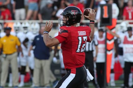 Sep 18, 2021; Lubbock, Texas, USA; Texas Tech Red Raiders quarterback Tyler Shough (12) throws a pass against the Florida International Panthers in the first half at Jones AT&T Stadium. Mandatory Credit: Michael C. Johnson-USA TODAY Sports