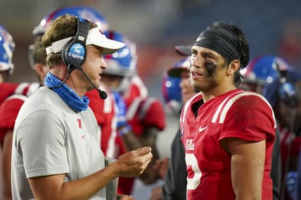 Sep 18, 2021; Oxford, Mississippi, USA; Mississippi Rebels quarterback Matt Corral (2) talks with Mississippi Rebels head coach Lane Kiffen at Vaught-Hemingway Stadium. Mandatory Credit: Marvin Gentry-USA TODAY Sports