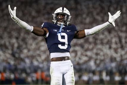 Sep 18, 2021; University Park, Pennsylvania, USA; Penn State Nittany Lions cornerback Joey Porter Jr. (9) hypes of the fans during the fourth quarter against the Auburn Tigers at Beaver Stadium. Penn State defeated Auburn 28-20. Mandatory Credit: Matthew OHaren-USA TODAY Sports