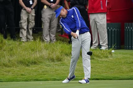 Sep 21, 2021; Kohler, Wisconsin, USA; Ian Poulter hits his tee shot on the 10th hole during practice rounds for the 43rd Ryder Cup golf competition at Whistling Straits. Mandatory Credit: Michael Madrid-USA TODAY Sports