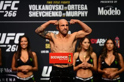 Sep 24, 2021; Las Vegas, Nevada, USA; Alexander Volkanovski during weigh-ins for UFC 266 at Park Theater. Mandatory Credit: Gary A. Vasquez-USA TODAY Sports