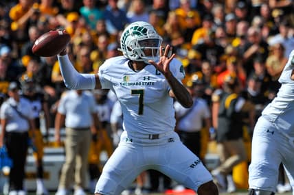 Sep 25, 2021; Iowa City, Iowa, USA; Colorado State Rams quarterback Todd Centeio (7) throws a pass against the Iowa Hawkeyes during the first quarter at Kinnick Stadium. Mandatory Credit: Jeffrey Becker-USA TODAY Sports
