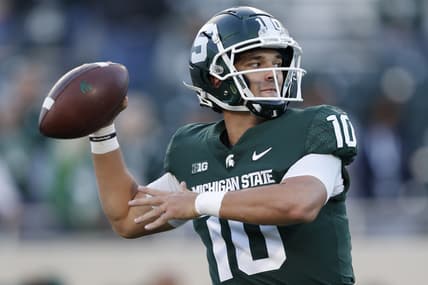 Sep 25, 2021; East Lansing, Michigan, USA; Michigan State Spartans quarterback Payton Thorne (10) warms up before the game against the Nebraska Cornhuskers at Spartan Stadium. Mandatory Credit: Raj Mehta-USA TODAY Sports