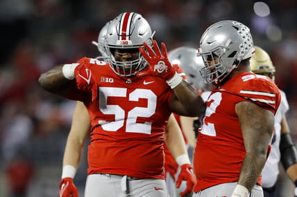 Sep 25, 2021; Columbus, Ohio, USA; Ohio State Buckeyes defensive tackle Antwuan Jackson (52)celebrates the sack during the second quarter against the Akron Zips at Ohio Stadium. Mandatory Credit: Joseph Maiorana-USA TODAY Sports
