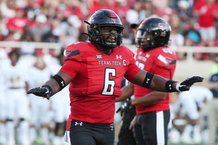 Sep 18, 2021; Lubbock, Texas, USA; Texas Tech Red Raiders defensive linebacker Riko Jeffers (6) signals in the first half in the game against the Florida International Panthers at Jones AT&T Stadium. Mandatory Credit: Michael C. Johnson-USA TODAY Sports