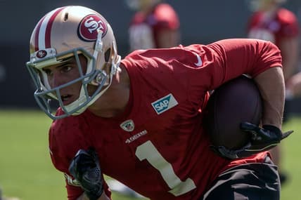 Jul 26, 2018; Santa Clara, CA, USA; San Francisco 49ers wide receiver Max McCaffrey (1) runs with the football during training camp at the SAP Performance Facility. Mandatory Credit: Stan Szeto-USA TODAY Sports