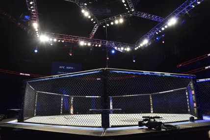 May 13, 2020; Jacksonville, Florida, USA; General view of the empty octagon before UFC Fight Night at VyStar Veterans Memorial Arena. Mandatory Credit: Jasen Vinlove-USA TODAY Sports