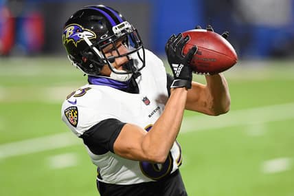 Jan 16, 2021; Orchard Park, New York, USA; Baltimore Ravens wide receiver Willie Snead (83) makes a catch during warm ups before an AFC Divisional Round playoff game against the Buffalo Bills at Bills Stadium. Mandatory Credit: Rich Barnes-USA TODAY Sports