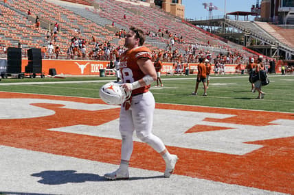 Apr 24, 2021; Austin, Texas, USA; Texas Longhorns linebacker Jake Ehlinger walks off the field after the Orange-White Texas Spring Game at Darrell K Royal-Texas Memorial Stadium. Mandatory Credit: Scott Wachter-USA TODAY Sports