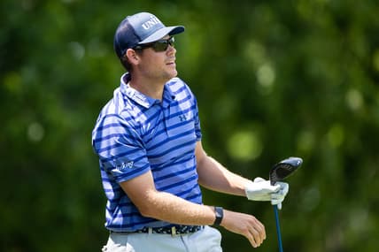 Jul 18, 2021; Nicholasville, Kentucky, USA; Adam Schenk watches his tee shot on the third hole during the final round of the Barbasol Championship golf tournament. Mandatory Credit: Jordan Prather-USA TODAY Sports