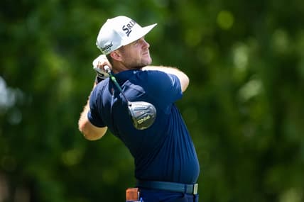 Jul 18, 2021; Nicholasville, Kentucky, USA; Taylor Pendrith hits his tee shot on the third hole during the final round of the Barbasol Championship golf tournament. Mandatory Credit: Jordan Prather-USA TODAY Sports