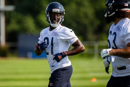 Jul 29, 2021; Lake Forest, IL, USA; Chicago Bears defensive back Desmond Trufant (21) talks with teammates during a Chicago Bears training camp session at Halas Hall. Mandatory Credit: Jon Durr-USA TODAY Sports