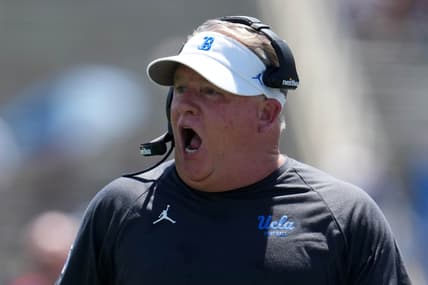 Aug 28, 2021; Pasadena, California, USA; UCLA Bruins head coach Chip Kelly reacts in the first half against the Hawaii Rainbow Warriors at Rose Bowl. Mandatory Credit: Kirby Lee-USA TODAY Sports
