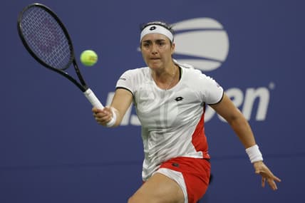 Sep 3, 2021; Flushing, NY, USA; Ons Jabeur of Tunisia hits a forehand against Elise Mertens of Belgium (not pictured) on day five of the 2021 U.S. Open tennis tournament at USTA Billie Jean King National Tennis Center. Mandatory Credit: Geoff Burke-USA TODAY Sports