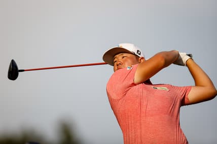 Aug 26, 2021; Owings Mills, Maryland, USA; Sungjae Im plays his shot from the 16th tee during the first round of the BMW Championship golf tournament. Mandatory Credit: Scott Taetsch-USA TODAY Sports