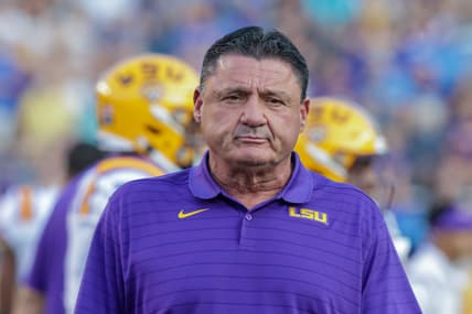 Sep 11, 2021; Baton Rouge, Louisiana, USA;  LSU Tigers head coach Ed Orgeron looks on during the first half against McNeese State Cowboys at Tiger Stadium. Mandatory Credit: Stephen Lew-USA TODAY Sports