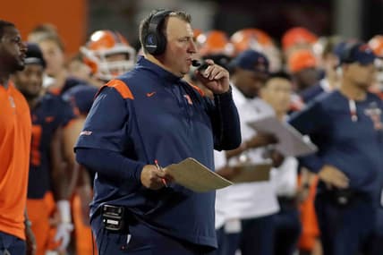 Sep 17, 2021; Champaign, Illinois, USA; Illinois Fighting Illini head coach Bret Bielema looks on from the sideline against the Maryland Terrapins at Memorial Stadium. Mandatory Credit: Ron Johnson-USA TODAY Sports