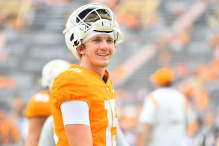 Tennessee quarterback Harrison Bailey (15) on the field before the start of an NCAA college football game between the Tennessee Volunteers and Tennessee Tech Golden Eagles in Knoxville, Tenn. on Saturday, September 18, 2021.

Utvtech0917