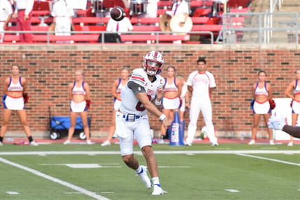 SMU quarterback Tanner Mordecai (8) lets go of a pass during Saturday's game against ACU at Gerald J. Ford Stadium in Dallas on Sept. 4, 2021. Mordecai threw an SMU-record seven touchdowns as the Mustangs won 56-9.

Hof 7364 2