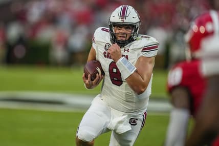 Sep 18, 2021; Athens, Georgia, USA; South Carolina Gamecocks quarterback Zeb Noland (8) runs the ball against the Georgia Bulldogs during the first quarter at Sanford Stadium. Mandatory Credit: Dale Zanine-USA TODAY Sports
