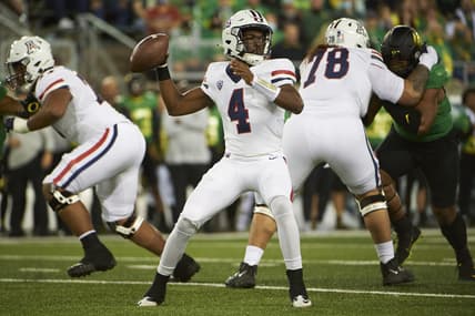 Sep 25, 2021; Eugene, Oregon, USA; Arizona Wildcats quarterback Jordan McCloud (4) throws a pass during the first half against the Oregon Ducks at Autzen Stadium. Mandatory Credit: Troy Wayrynen-USA TODAY Sports